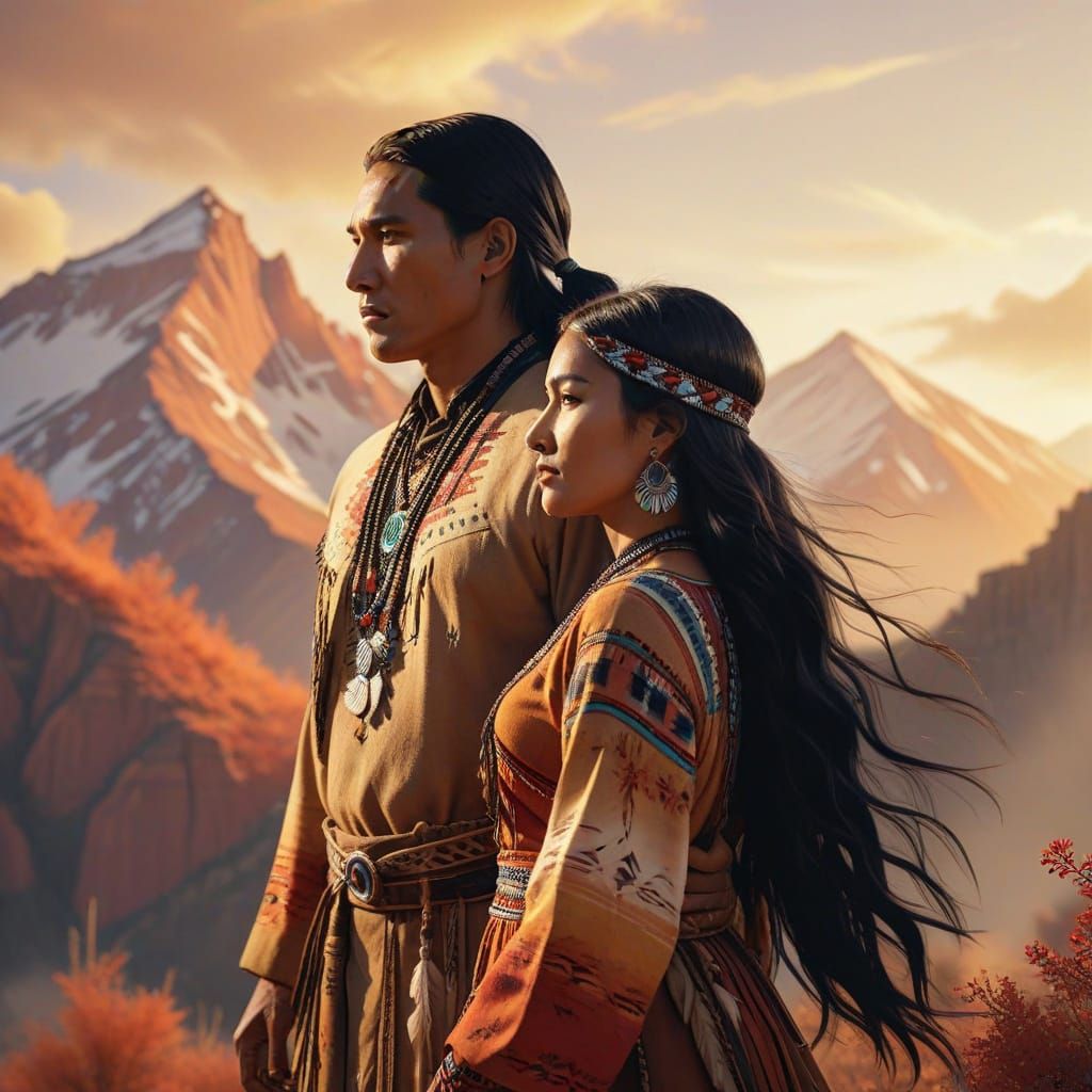 Traditional Native American Couple in a Serene Mountain Land...