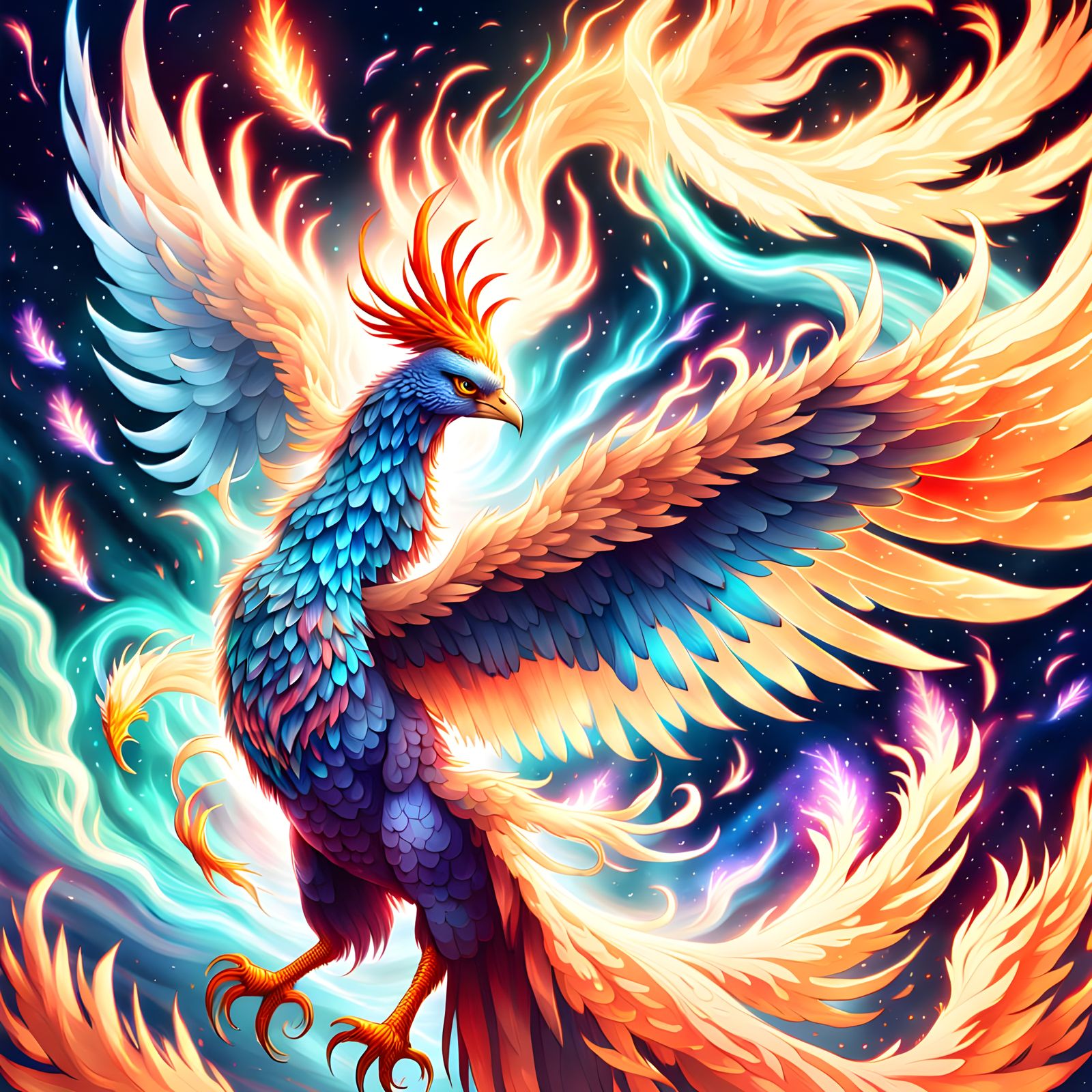 Celestial Phoenix Soaring Through Nebula in Anime Style