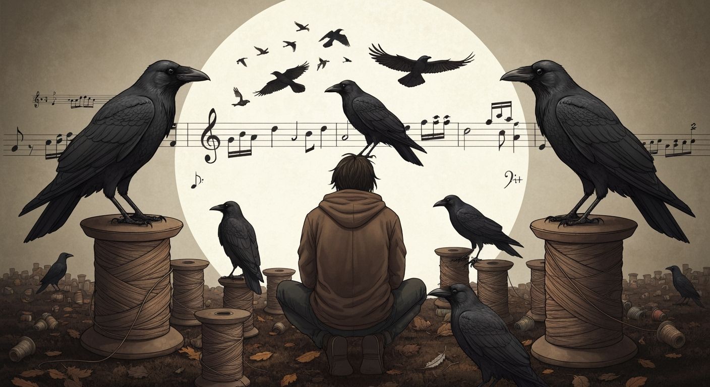 Stylized Figure with Crows Amidst Musical Autumn Landscape