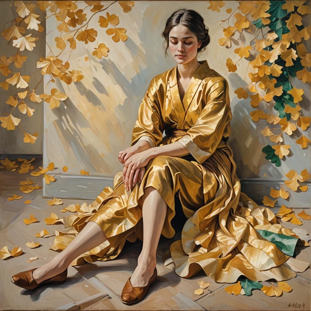 Girl in Oil Painting with Cascading Petals
