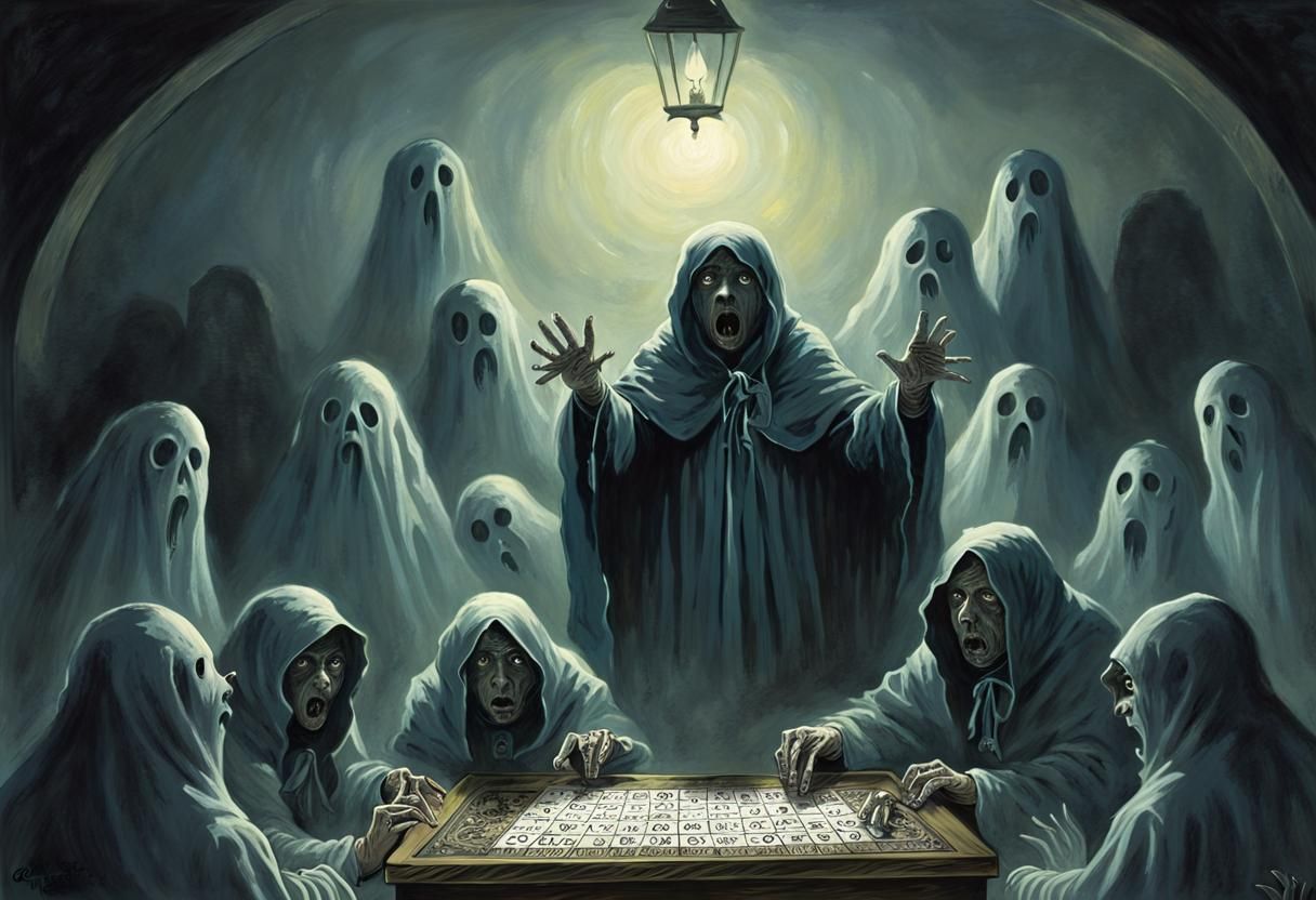 Sinister Ouija Board with Ghosts in Doré Style