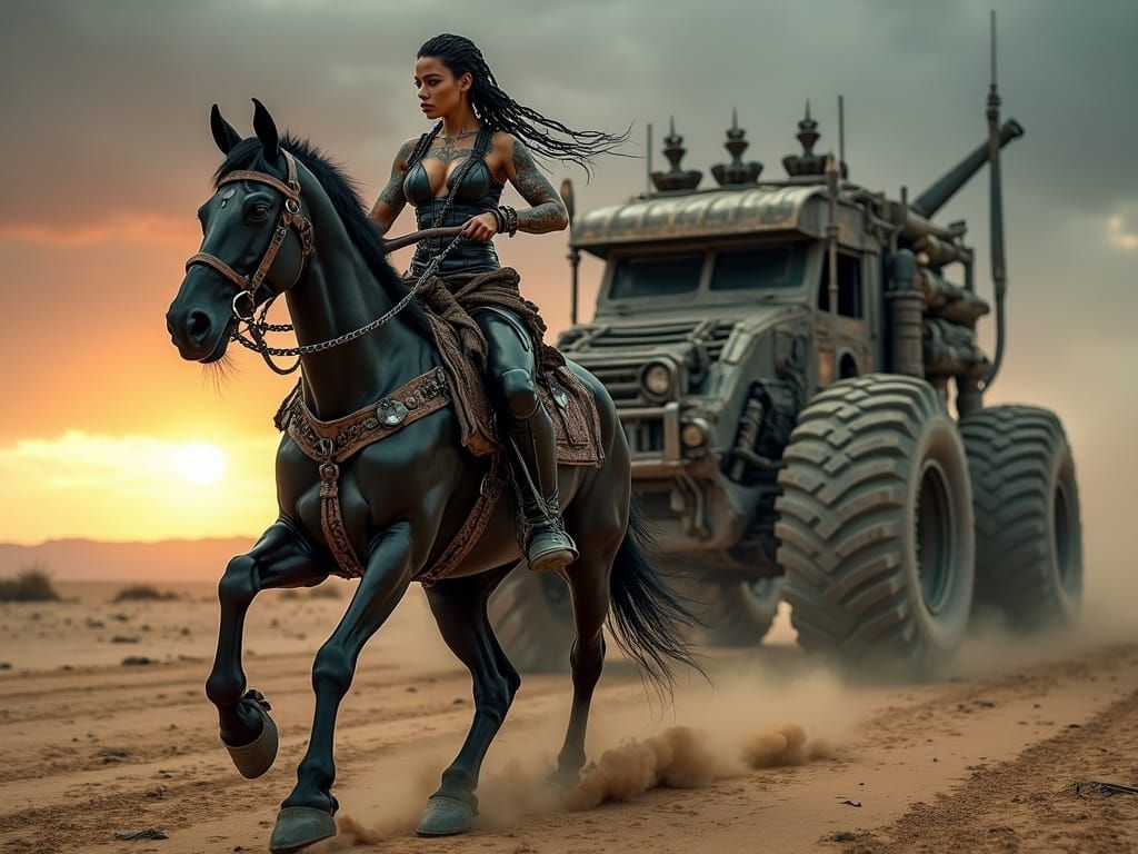 Warrior on a Warhorse in a Dystopian Wasteland