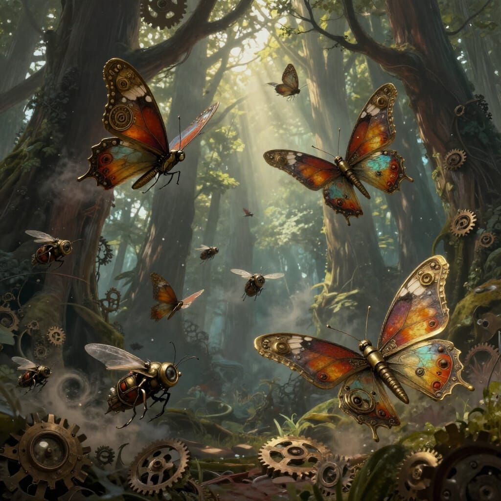 Steampunk Butterflies Battle Clockwork Flies in Ancient Fore...