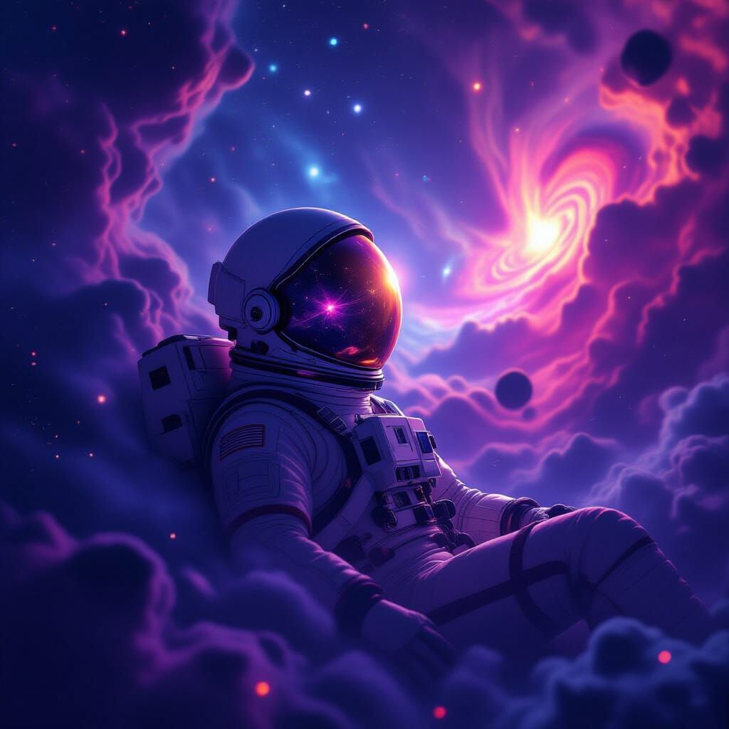 Astronaut Adrift in Cosmic Nebula, Reflecting Alien Stars