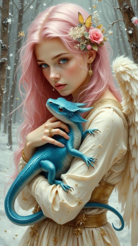 Ethereal Winter Angel in Pre Raphaelite Style with Pink Hair...