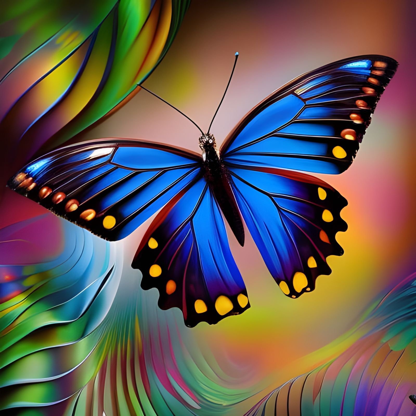 Blue Morpho Butterfly Abstract Painting with Lush Flowers