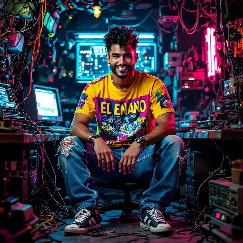 Cyberpunk Icon El Enano Posing in Retro-Futuristic Lair