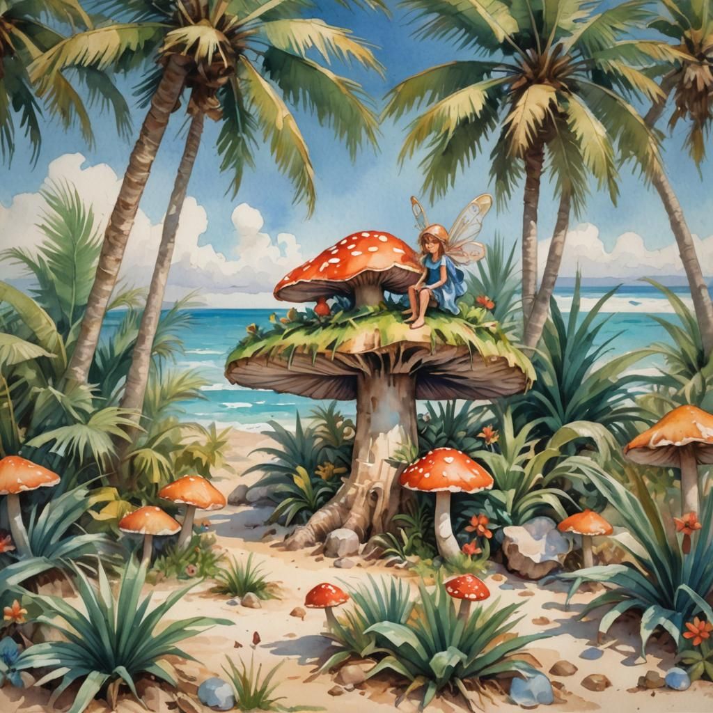 Fairy on Mushroom, Gouache-Style Beach Scene