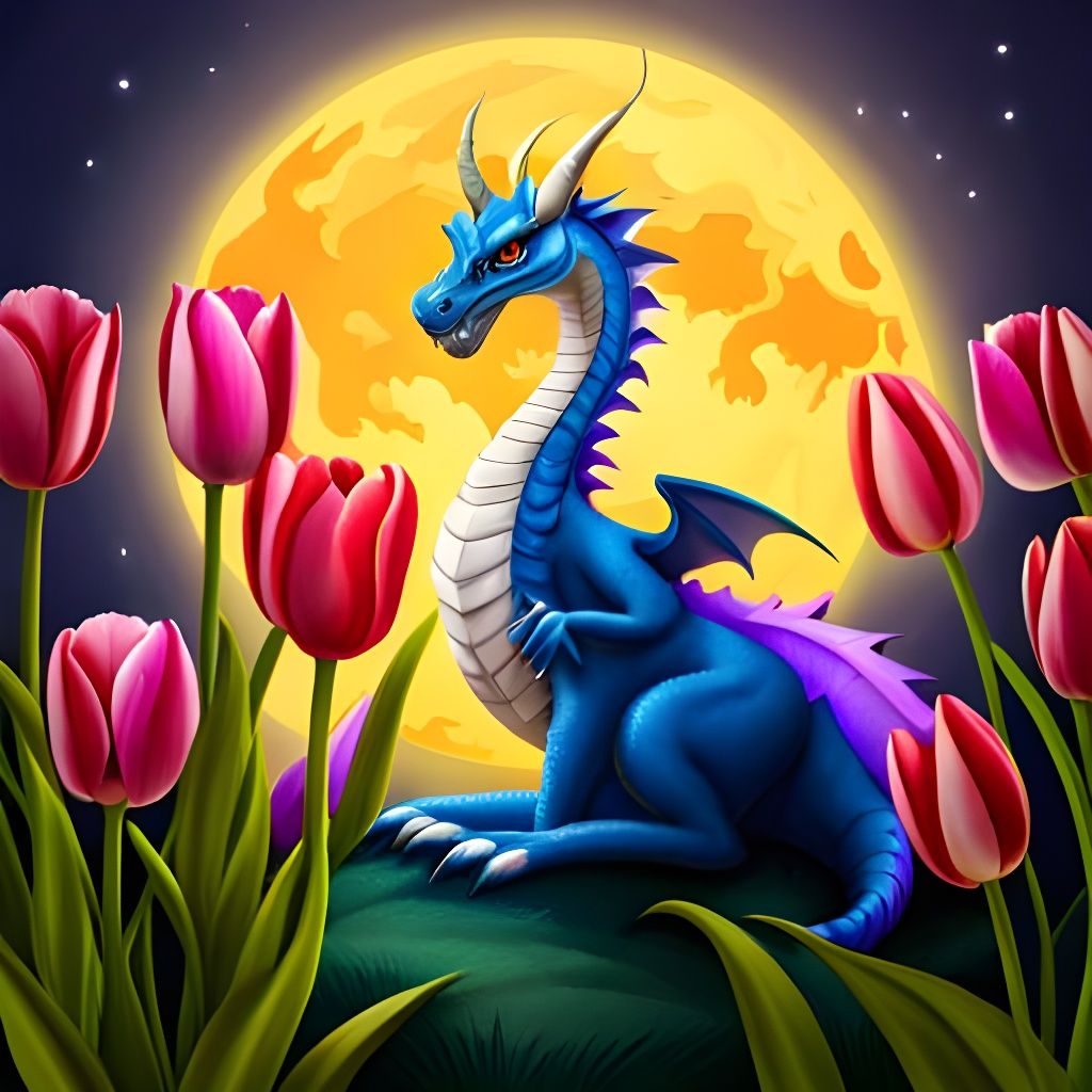 Hyperrealistic Purple Dragon in Tulip Field Under Moonlight