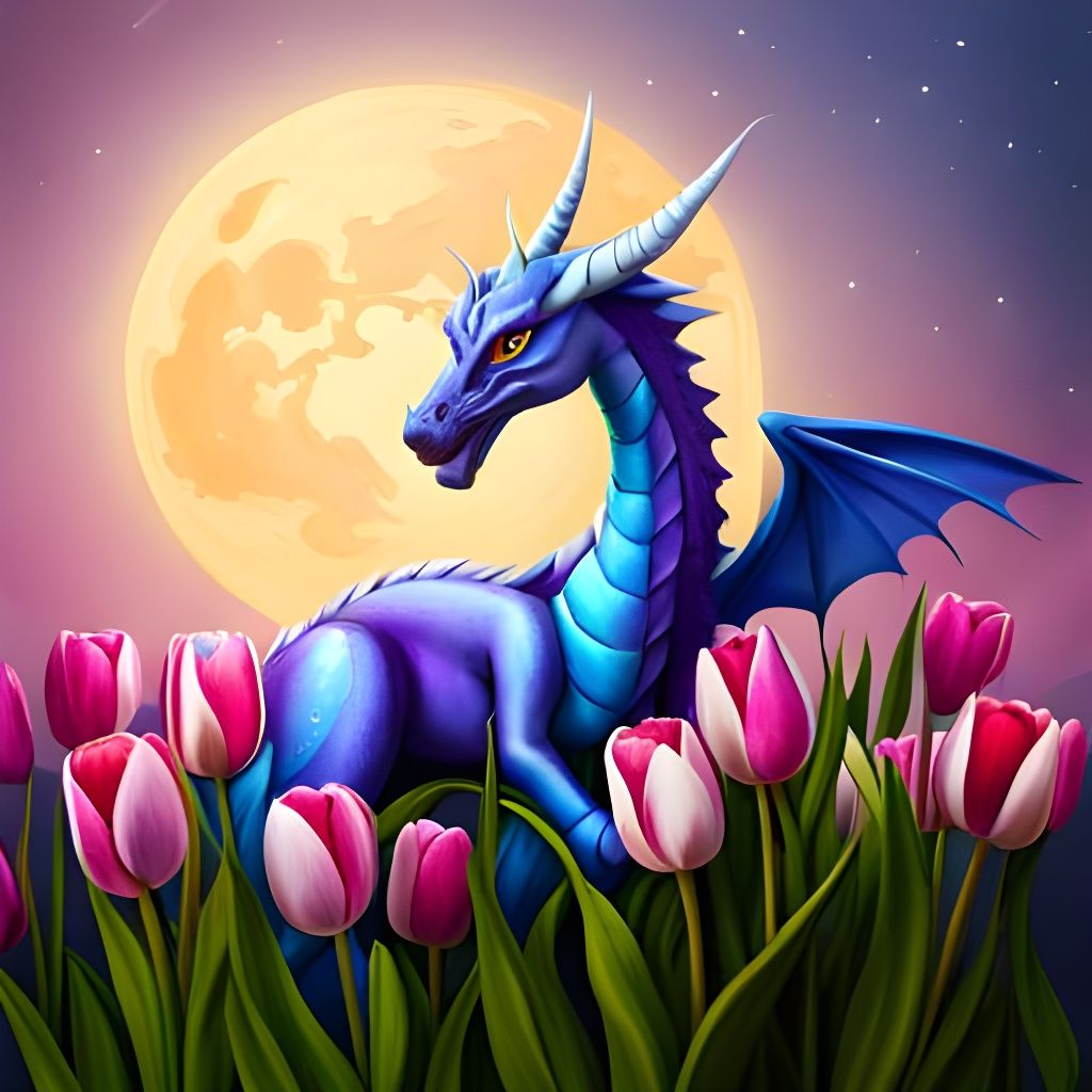 Hyperrealistic Purple Dragon in Tulip Field