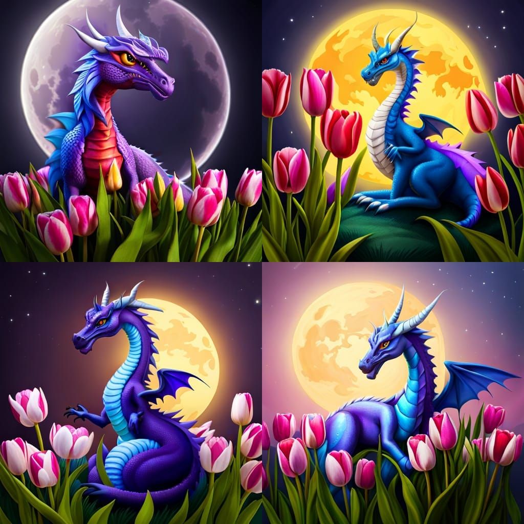 Hyperrealistic Purple Dragon in Tulip Field