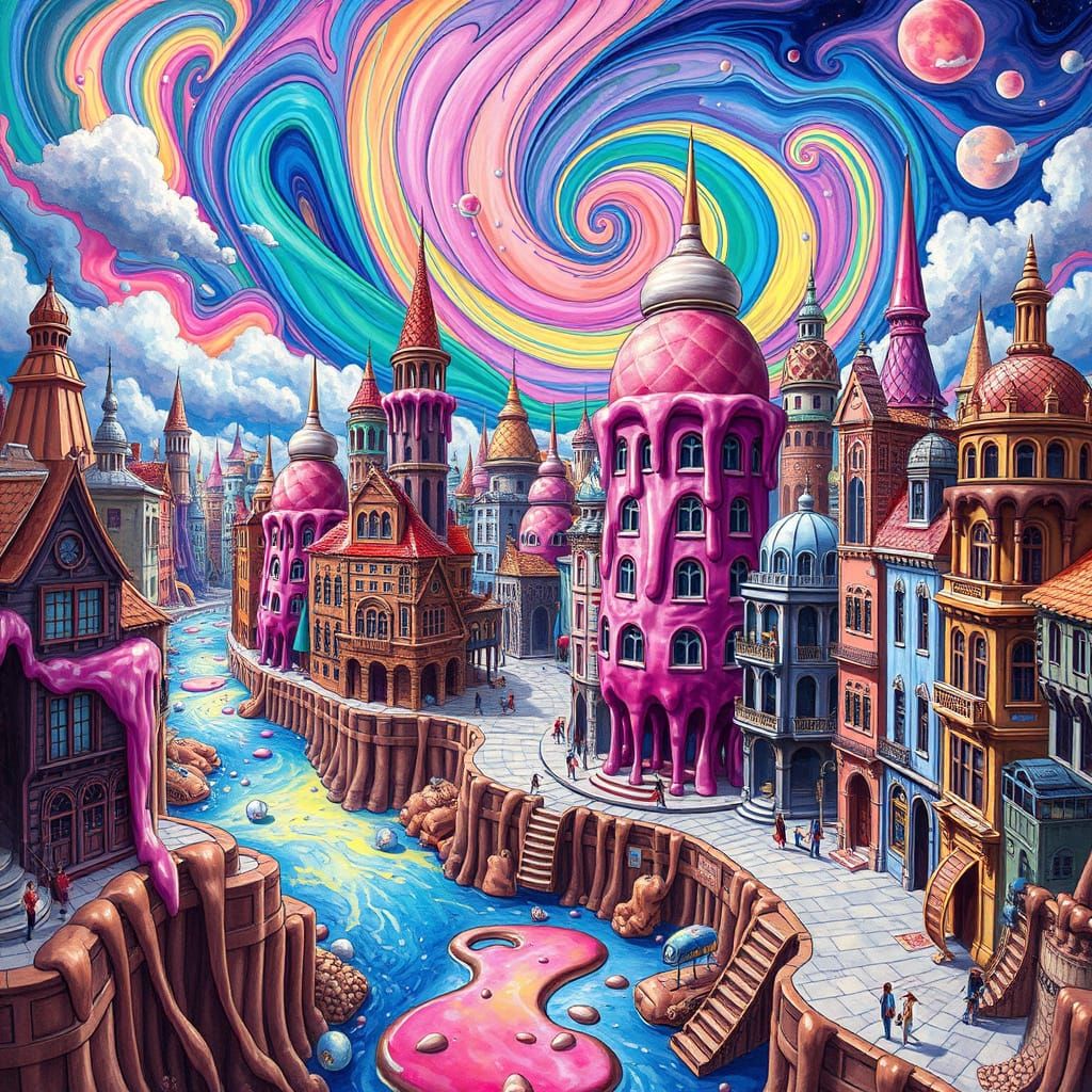 Vibrant Surreal Cityscape with Melting Cones and Rainbow Riv...