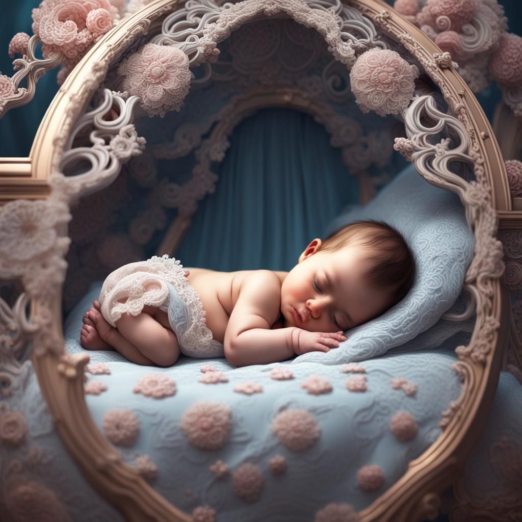 Sleeping Baby in Lace Bed: Hyperrealistic Digital Art