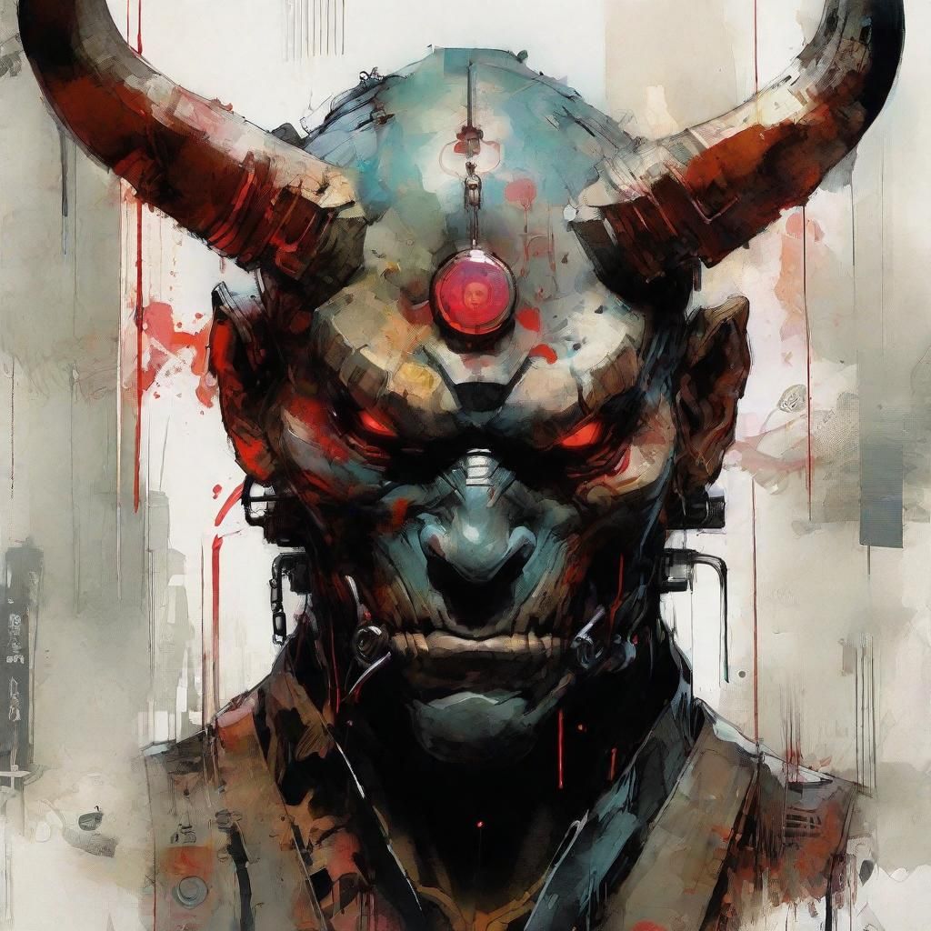 Cyberpunk Oni Demon in Japanese Etched Art Style