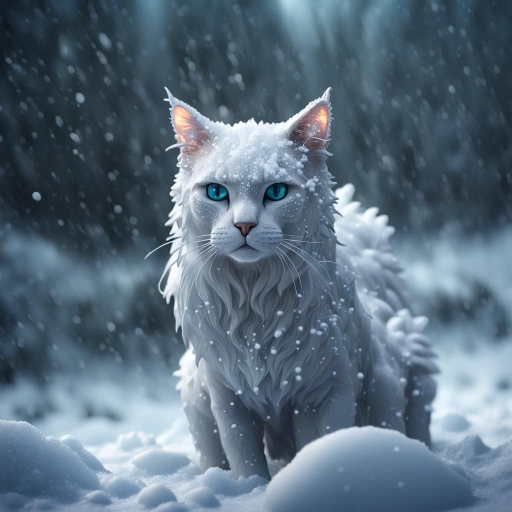 Realistic Cat Ice Statue in Extreme Snowfall