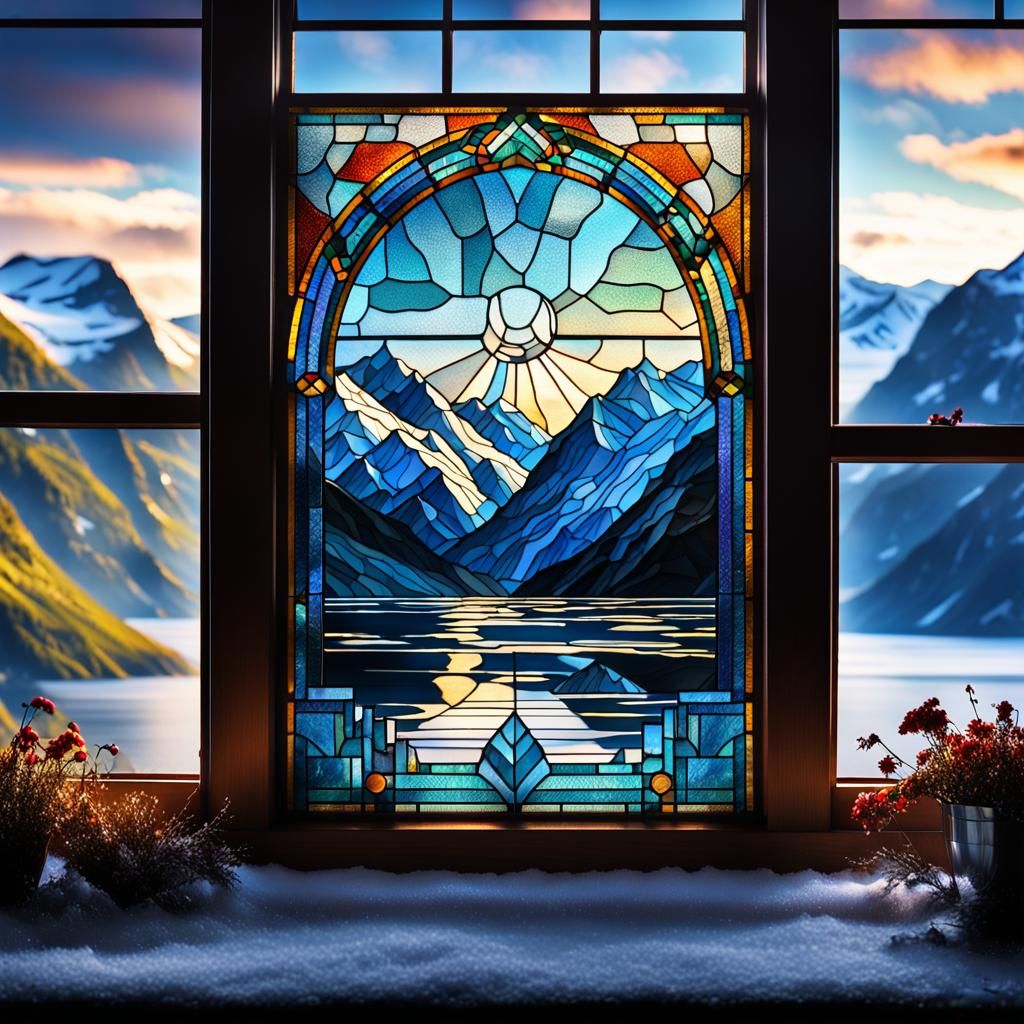 Norwegian Fjord: Art Deco Stained Glass Window
