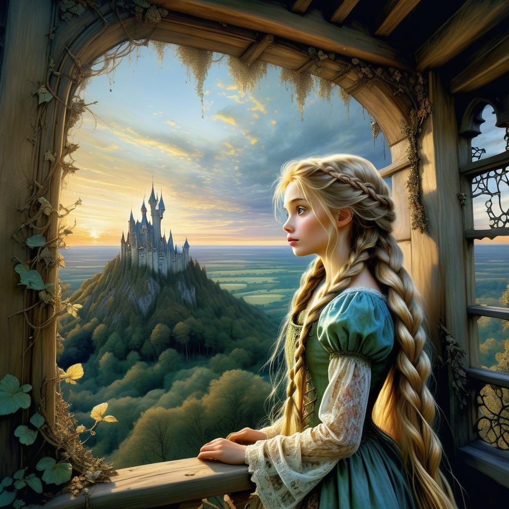Rapunzel in Tower, Enchanted Forest, Arthur Rackham Style