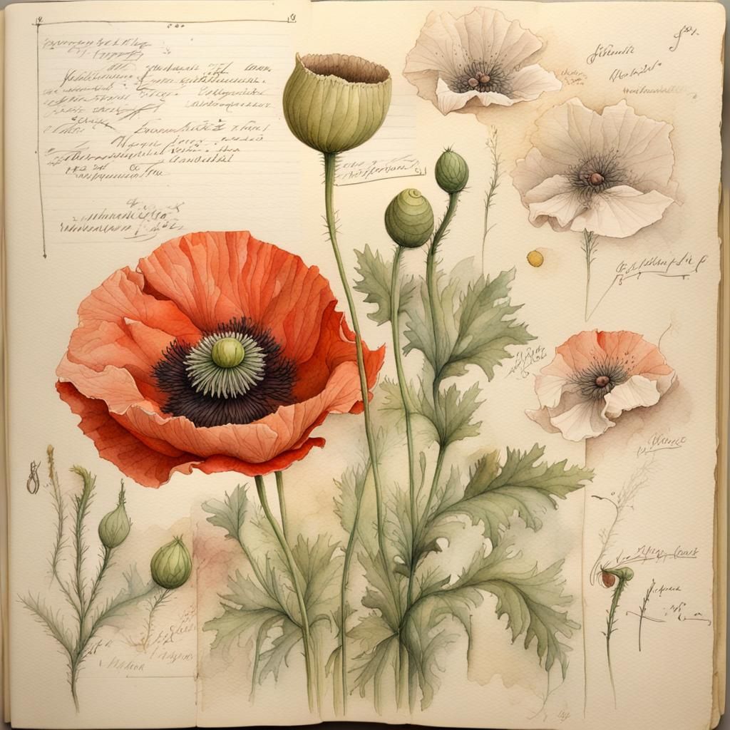 Victorian Botanical Poppy Illustration in Watercolor