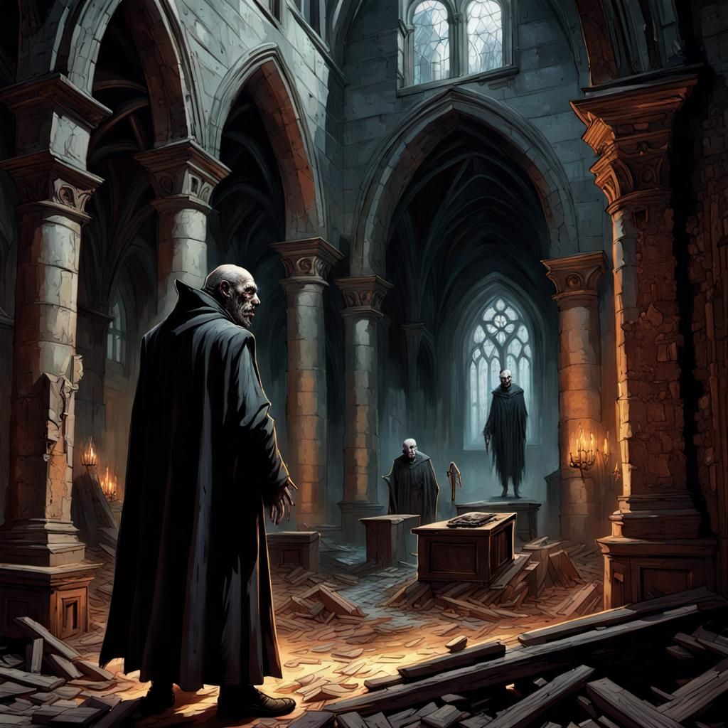 Nosferatu and Wolfman Meeting in Ruined Church
