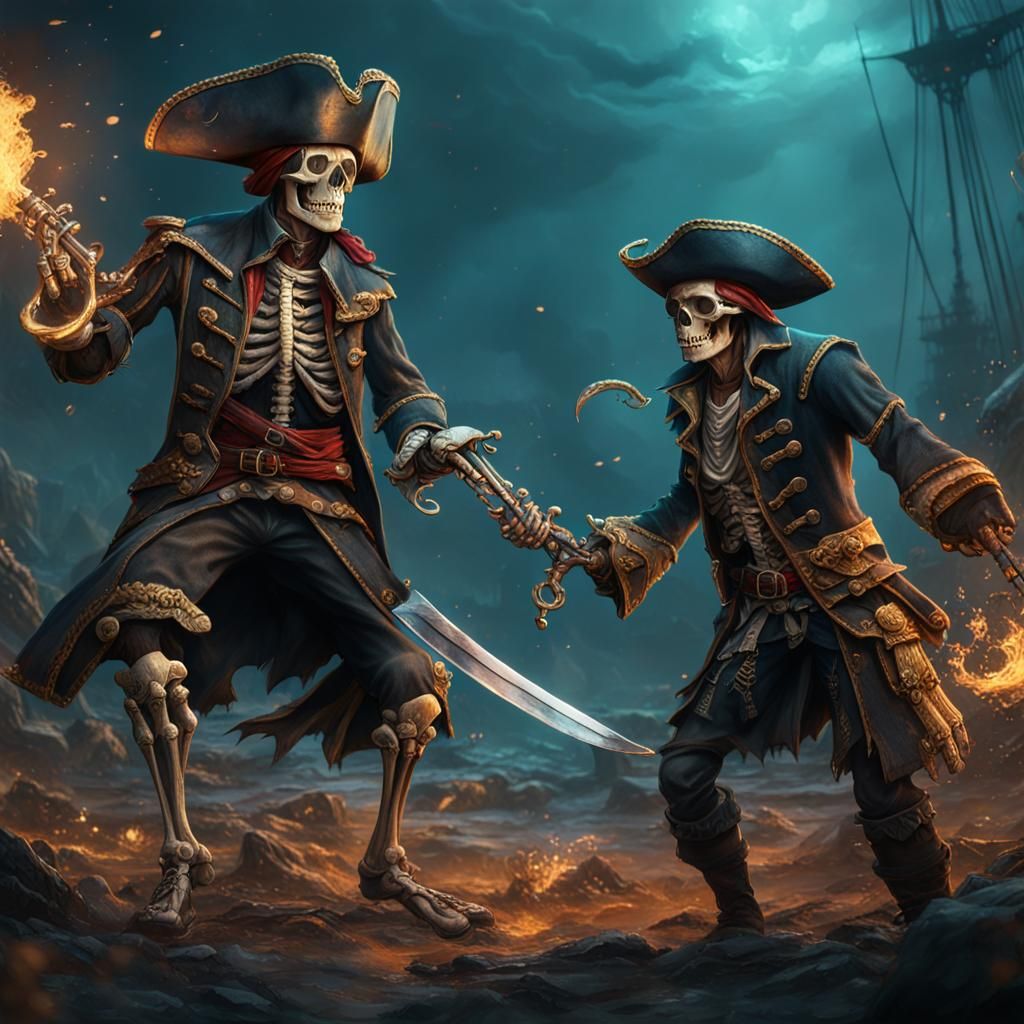 Skeleton Pirate Duel in Detailed Matte Painting
