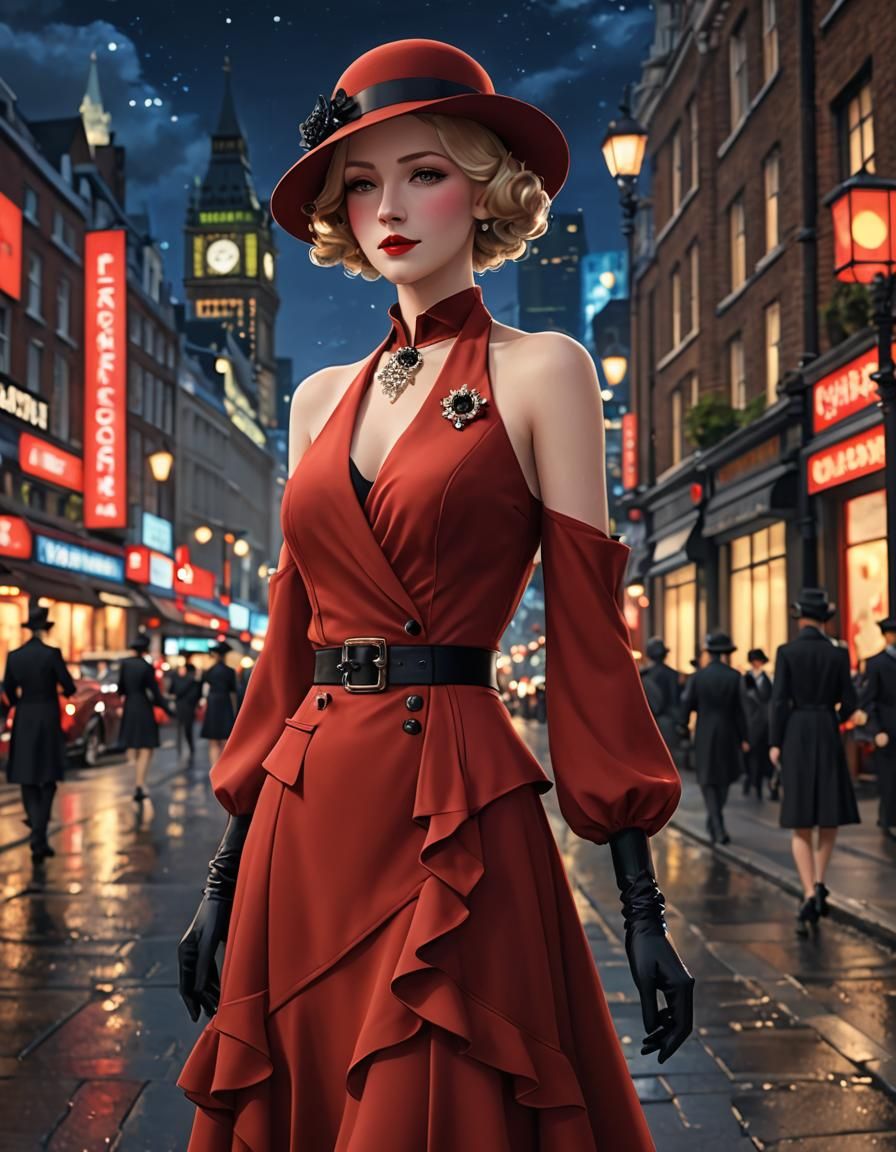 1930s Red Suit in Anime Style, London Bokeh