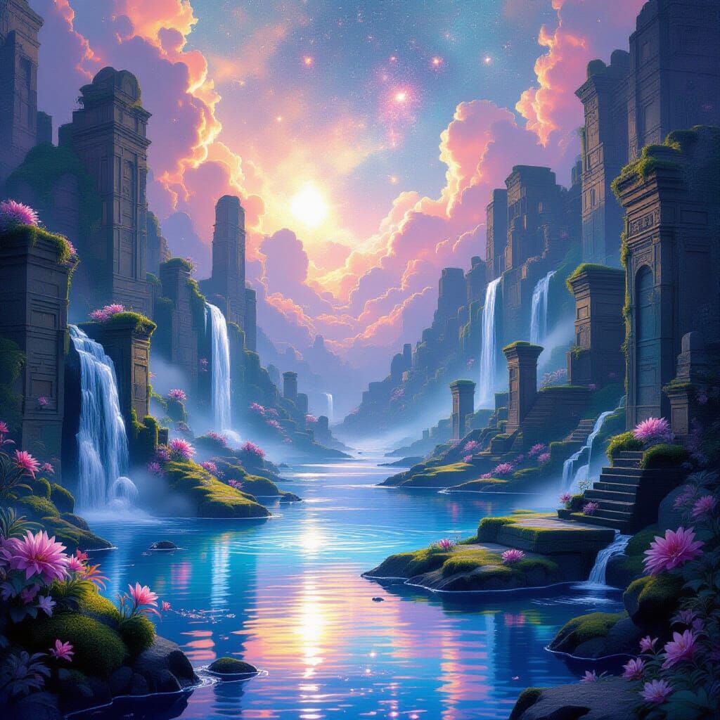 Luminous Crystalline Oasis in Nebula with Stardust Waterfall...