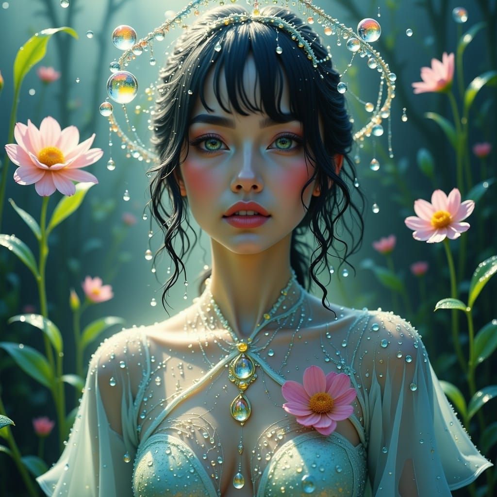 Ethereal Woman in Iridescent Garments: Hyperrealistic Portra...