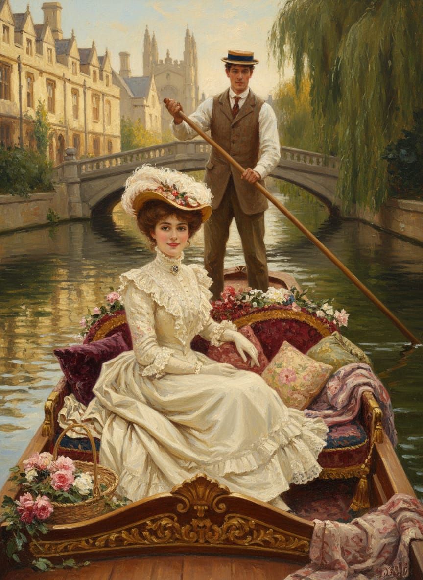 Victorian Couple Punting on Cambridge Canal, Oil on Canvas