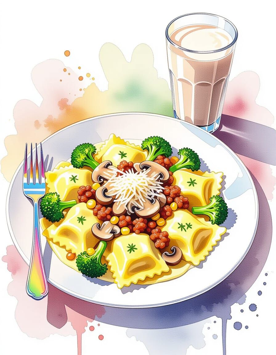 Hearty Ravioli with Alfredo Sauce in Watercolor Splash Art