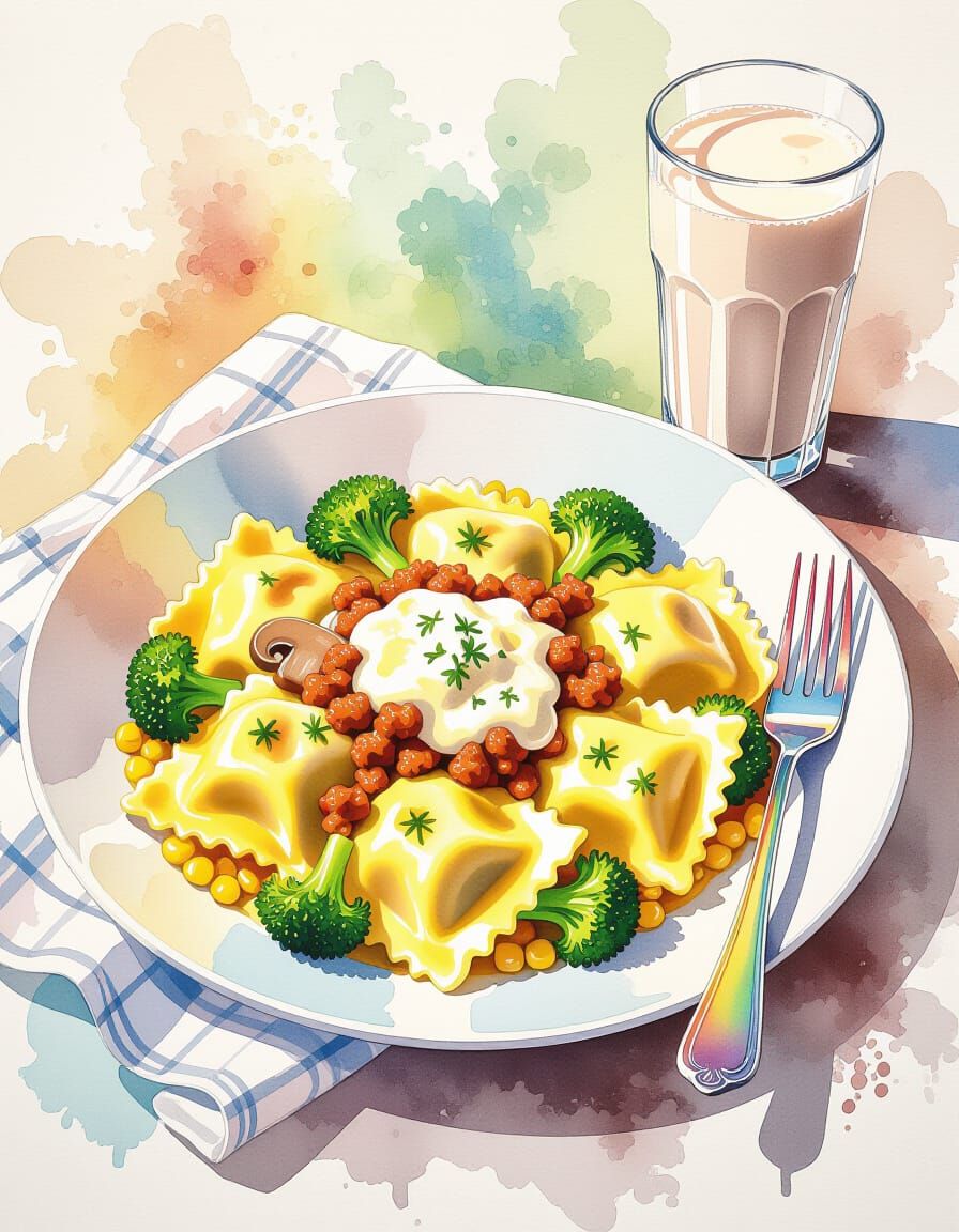 Vibrant Ravioli Plate with Alfredo Sauce in Watercolor Splas...