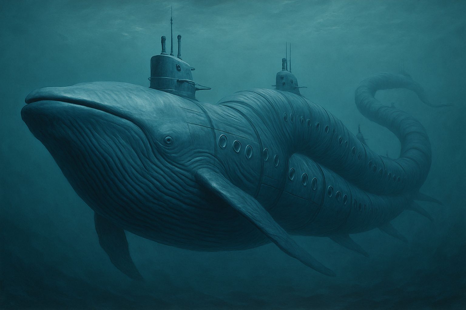 Massive Blue Whale Submarine in Surreal Ocean Scene