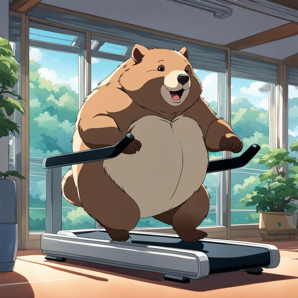 Chubby Wombat, running on a treadmill, at the gym
