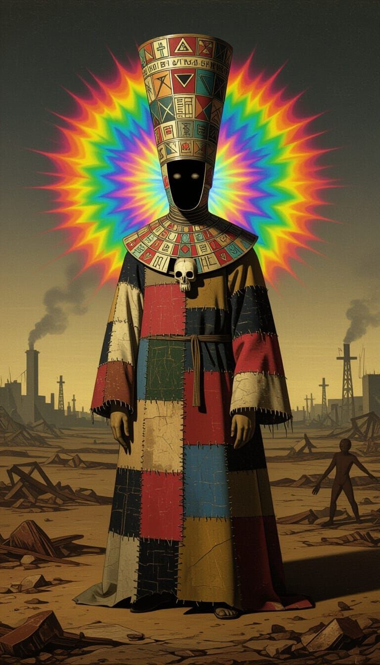 Surreal Bosch-Inspired Figure in War-Torn Landscape