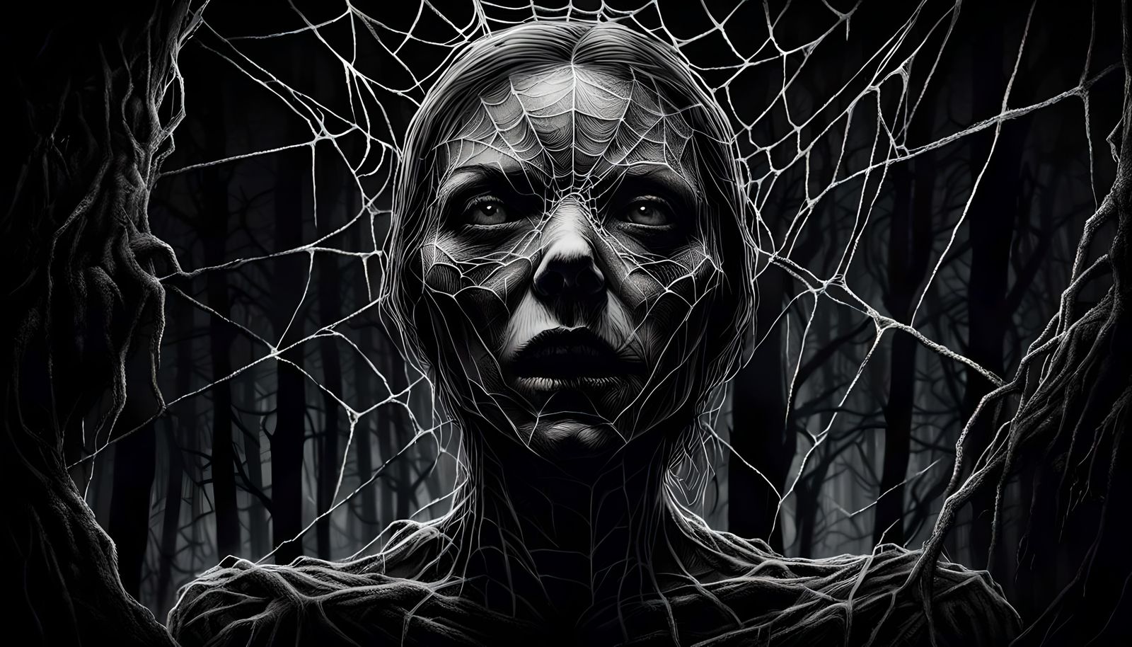 Creepy Eyeless Spider Woman in Dark Forest