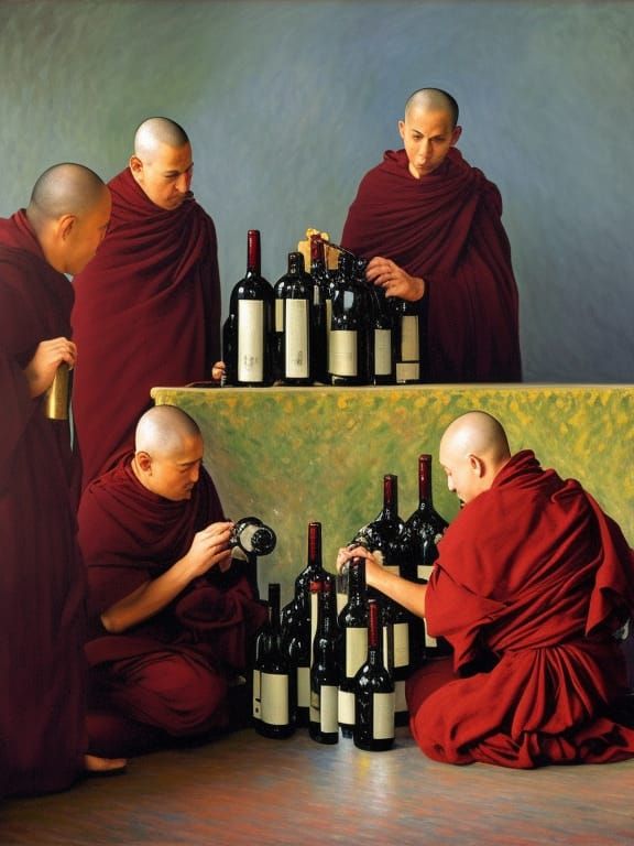 Monks Bottling Wine in Monastery: Renaissance Painting