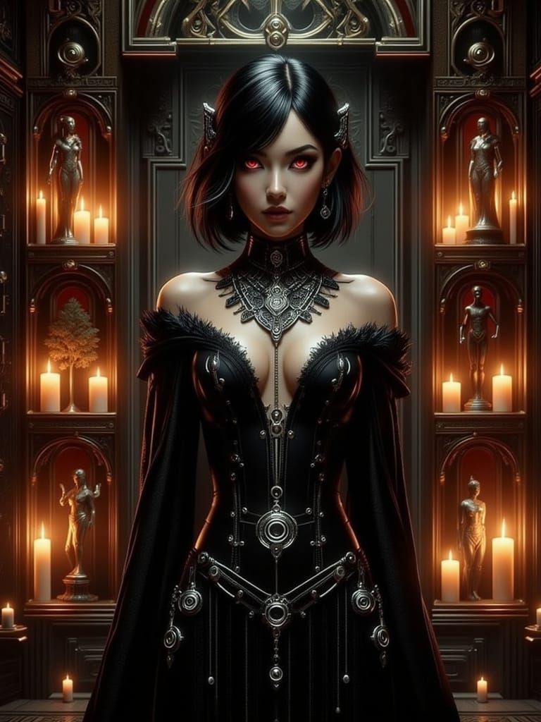 Short black haired goth elf woman with red eyes and lips, pale complexion, wearing goth clothes and silver jewelry stand...