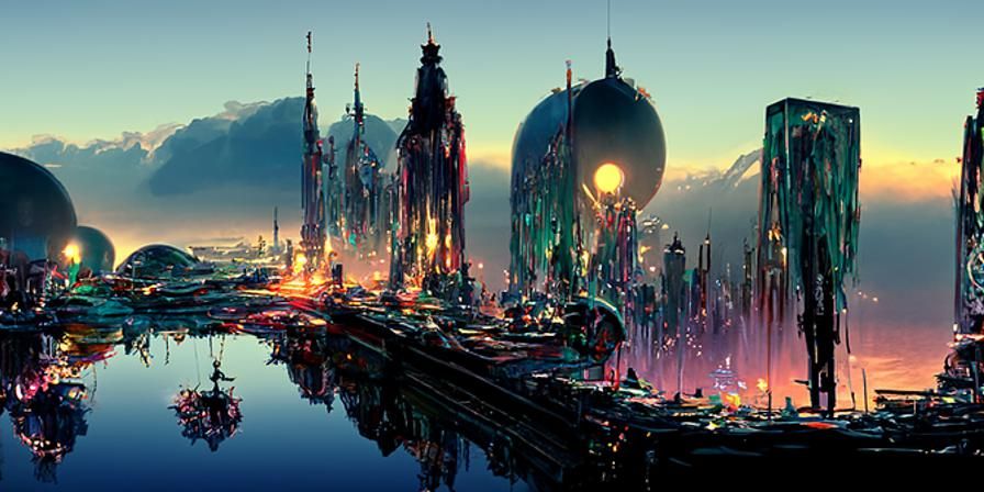 Futuristic Space City at Dawn: Digital Matte Painting