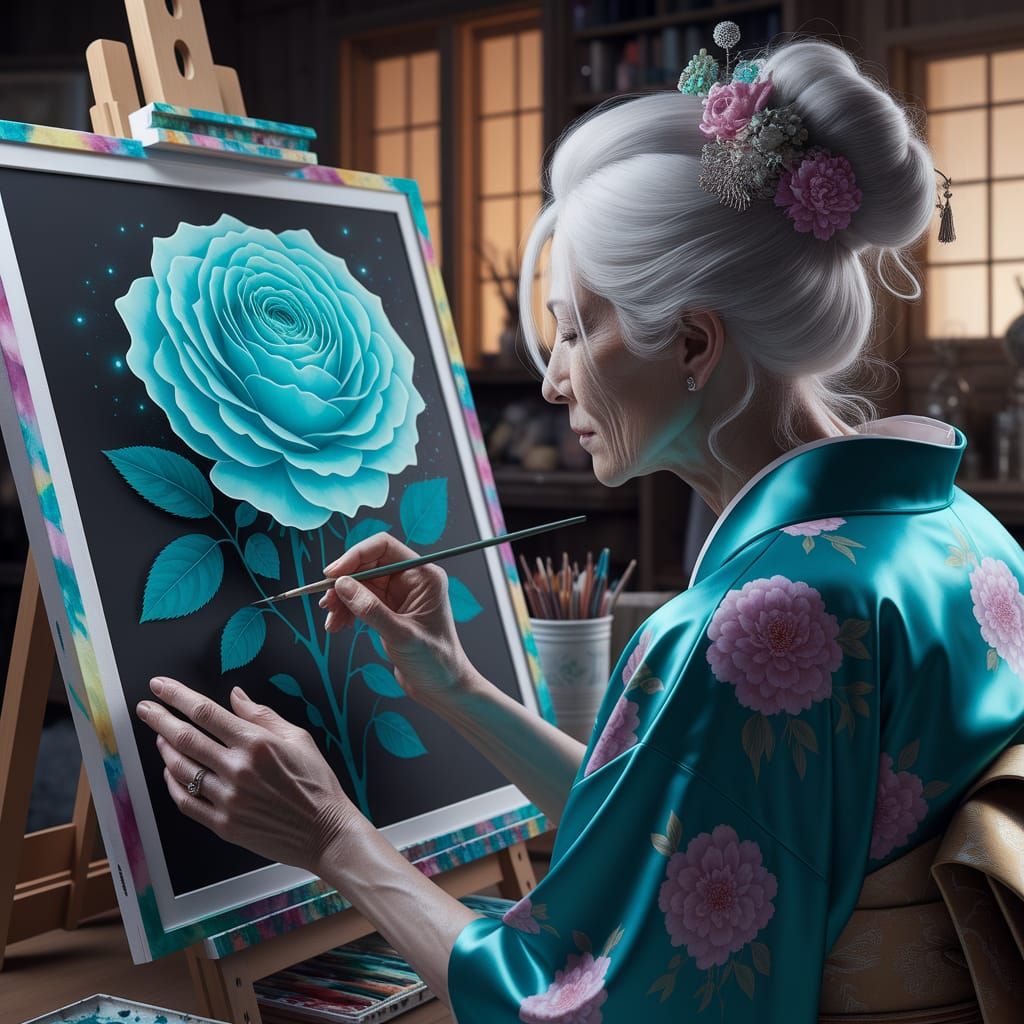 Geisha Painting a Turquoise Rose in Flemish Style