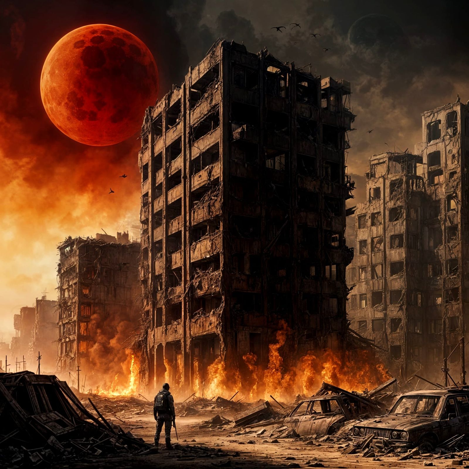 Ruined City Under Burning Eclipse in Dark Fantasy Style