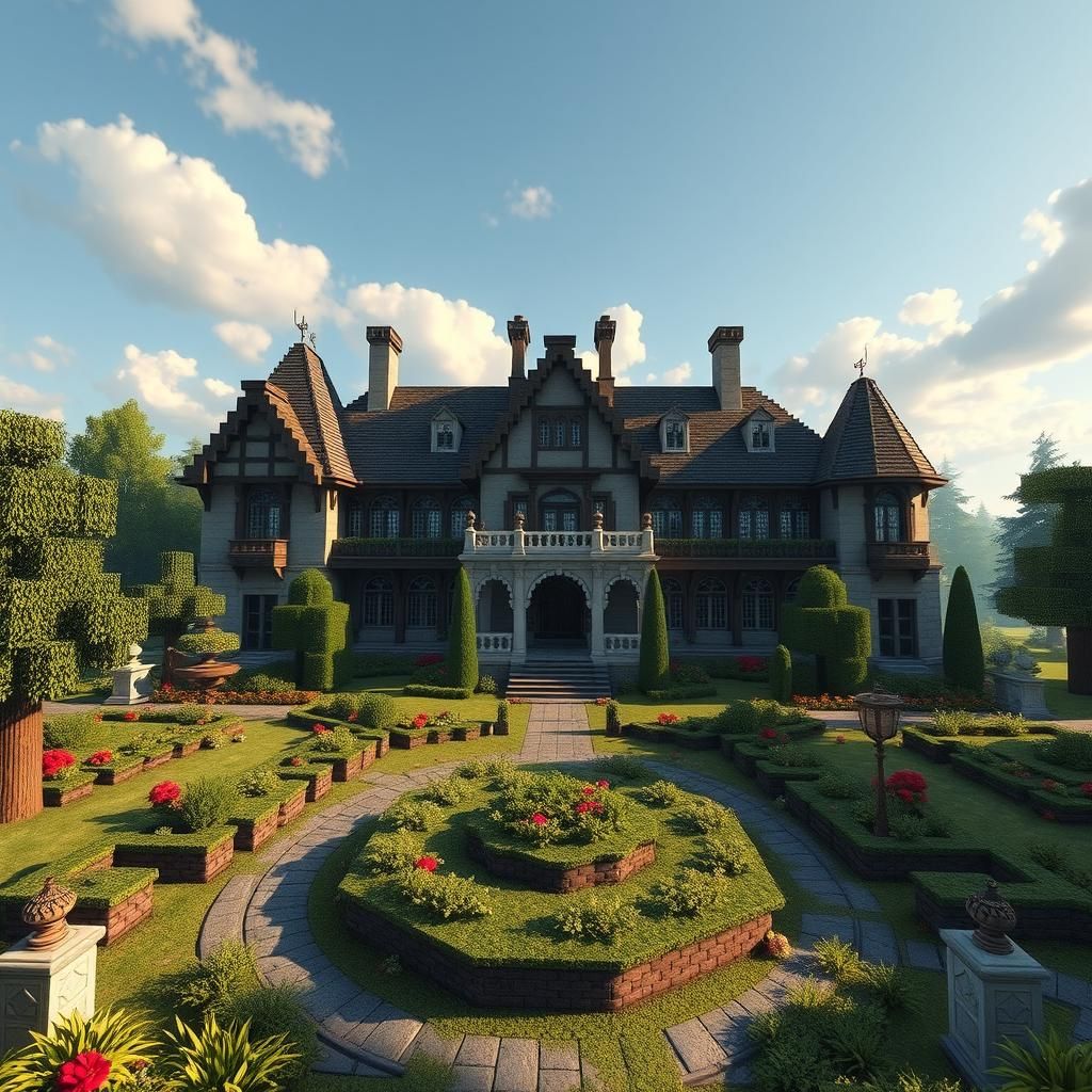 Minecraft Mansion with Garden: 3D Game Cinematic