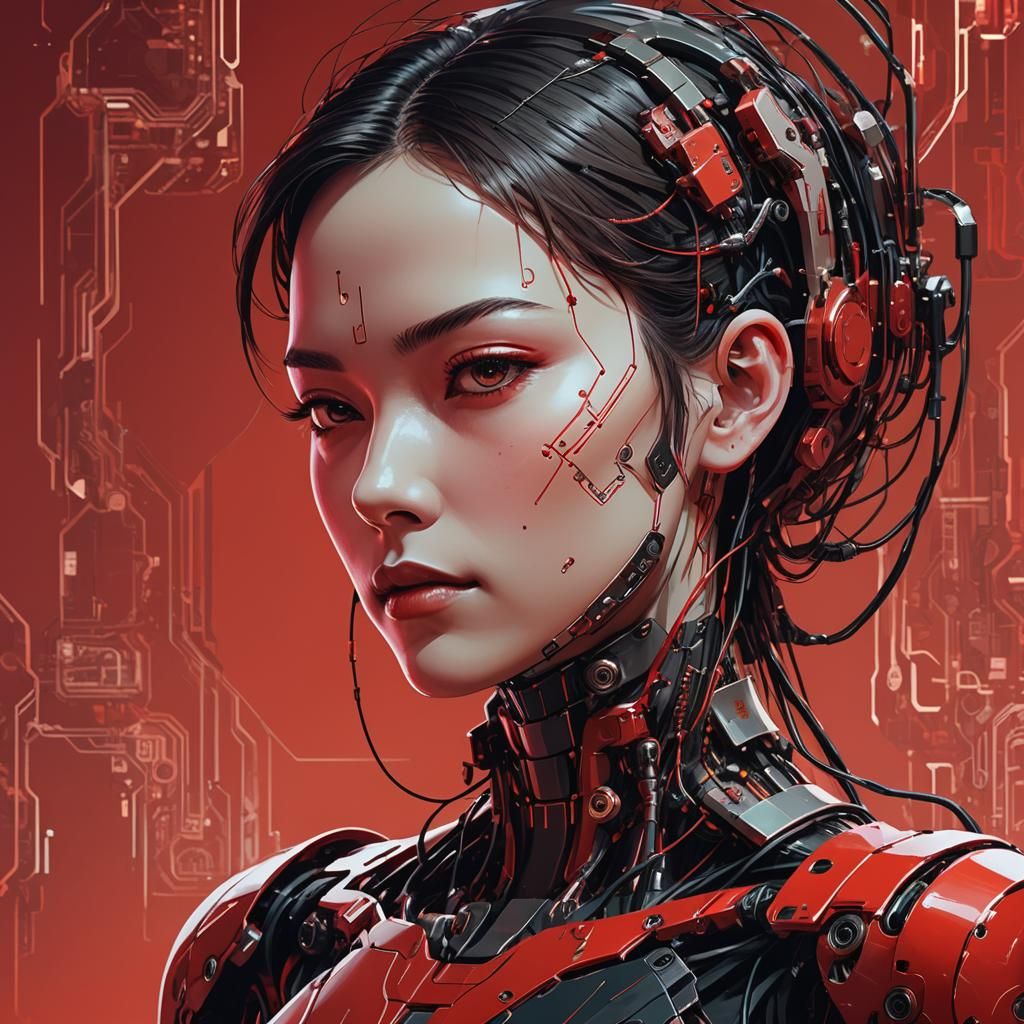 Cyberpunk Woman with Robotic Features in Studio Ghibli Style