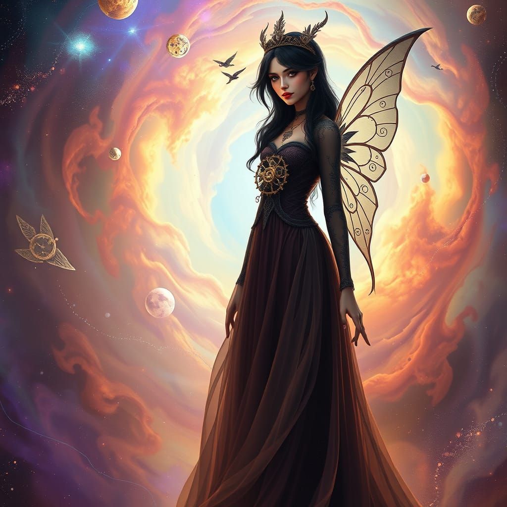 Steampunk Fairy Godmother Amidst Rainbow Time Nebula