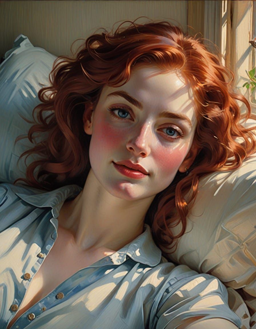 Impressionist Oil Painting of Woman Languidly in Bed