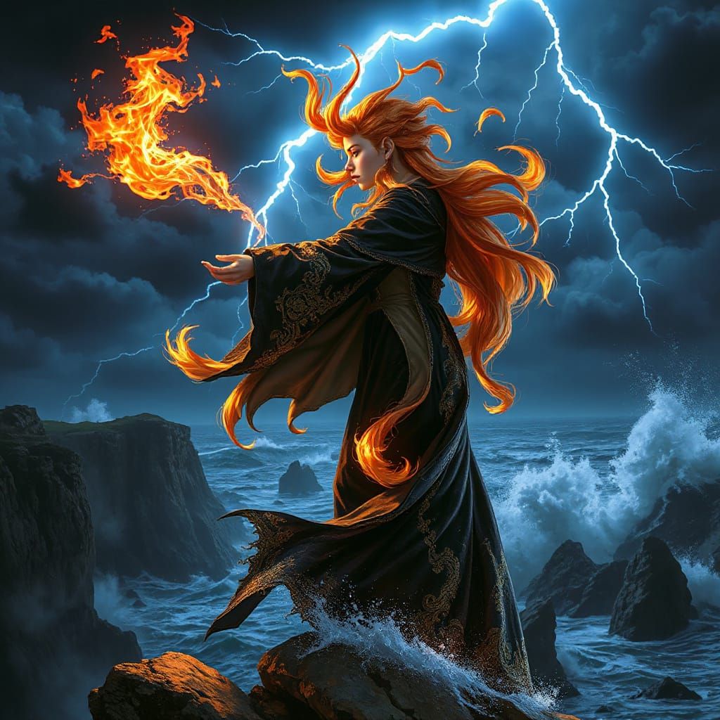 Dark Fantasy Sorceress Unleashes Stormy Fury on Windswept Cl...