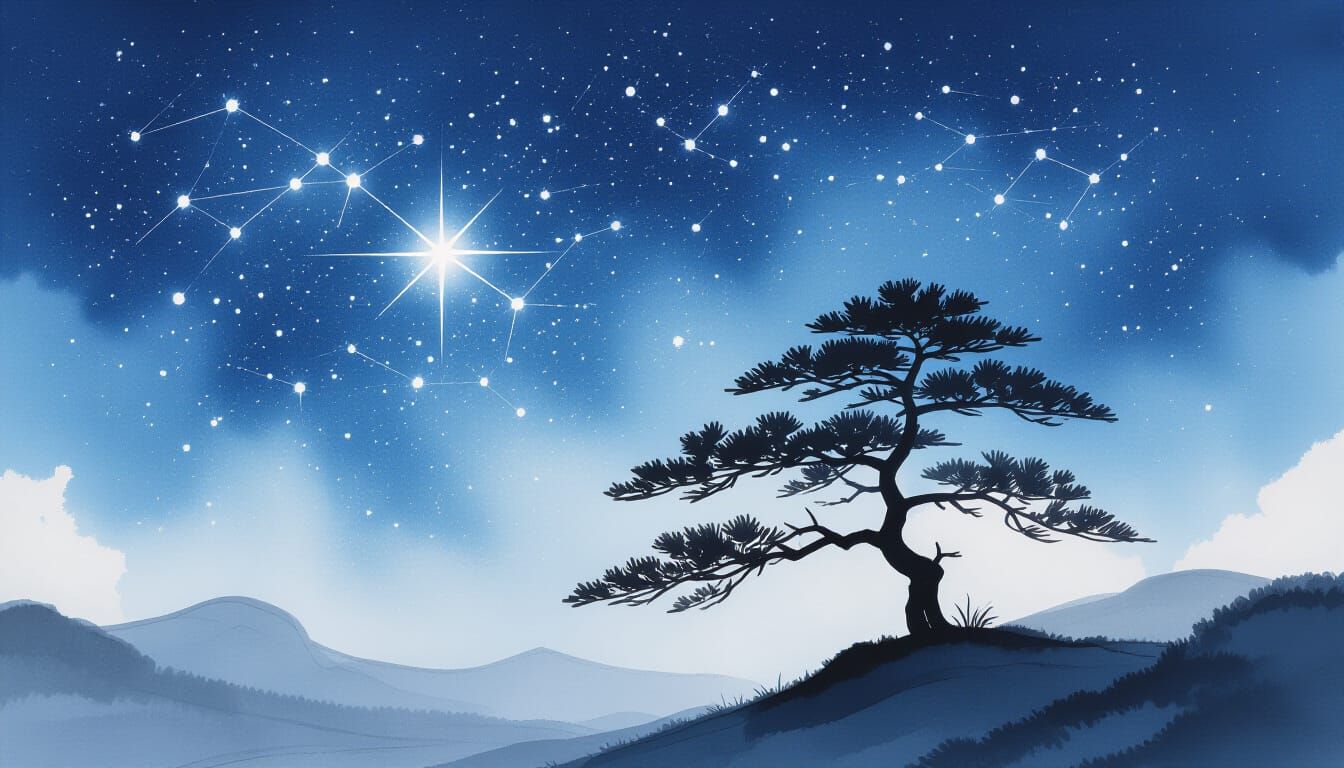 Ancient Tree Under Starry Sky: Sumi-e Painting