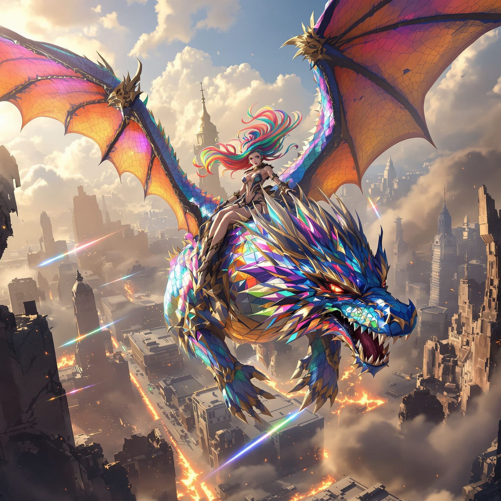 Anime Warrior Rides Rainbow Dragon Over Ruined City