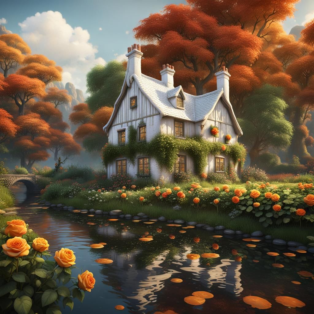 Riverside Cottage with Green and Orange Roses