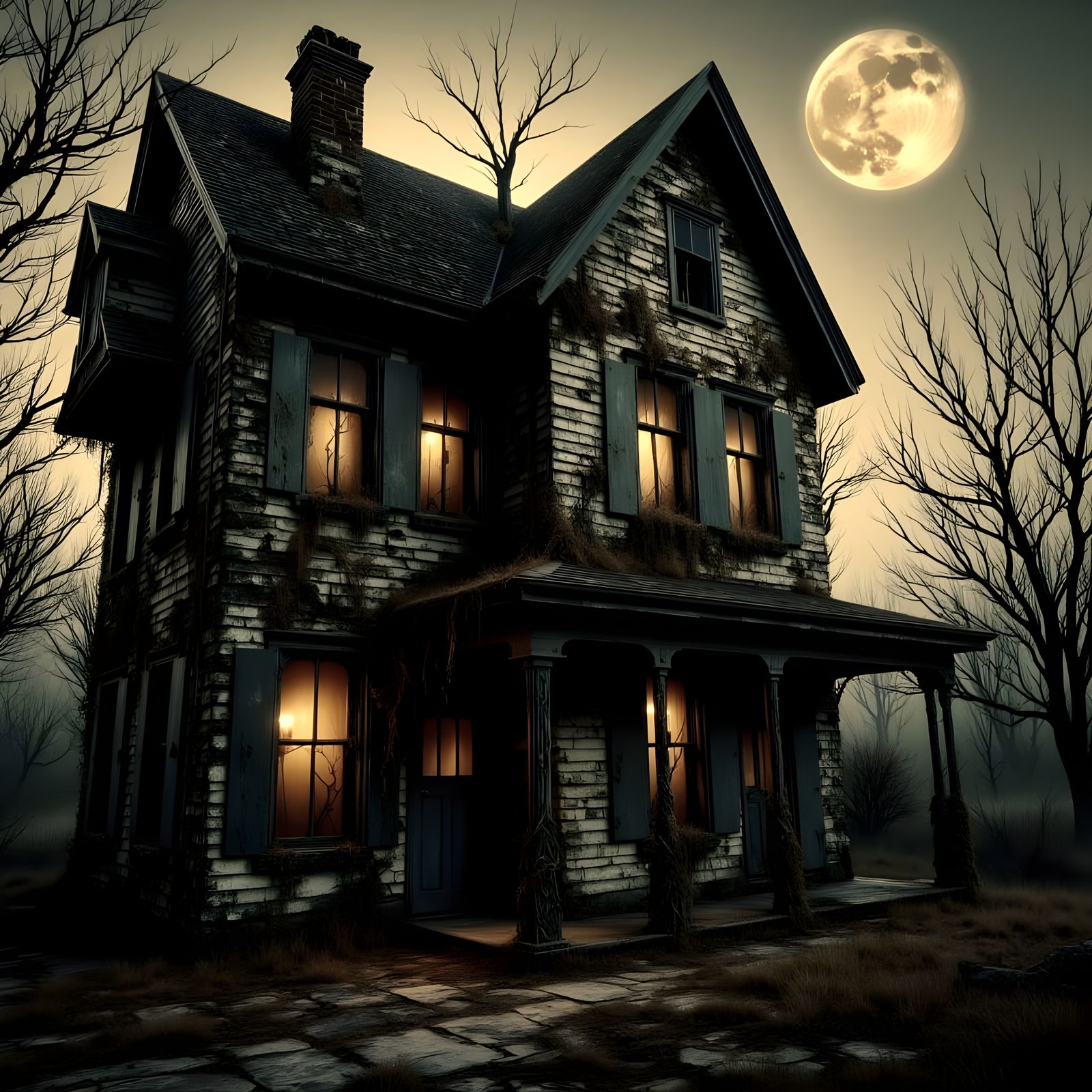 Spooky Abandoned House Under Ghostly Vines