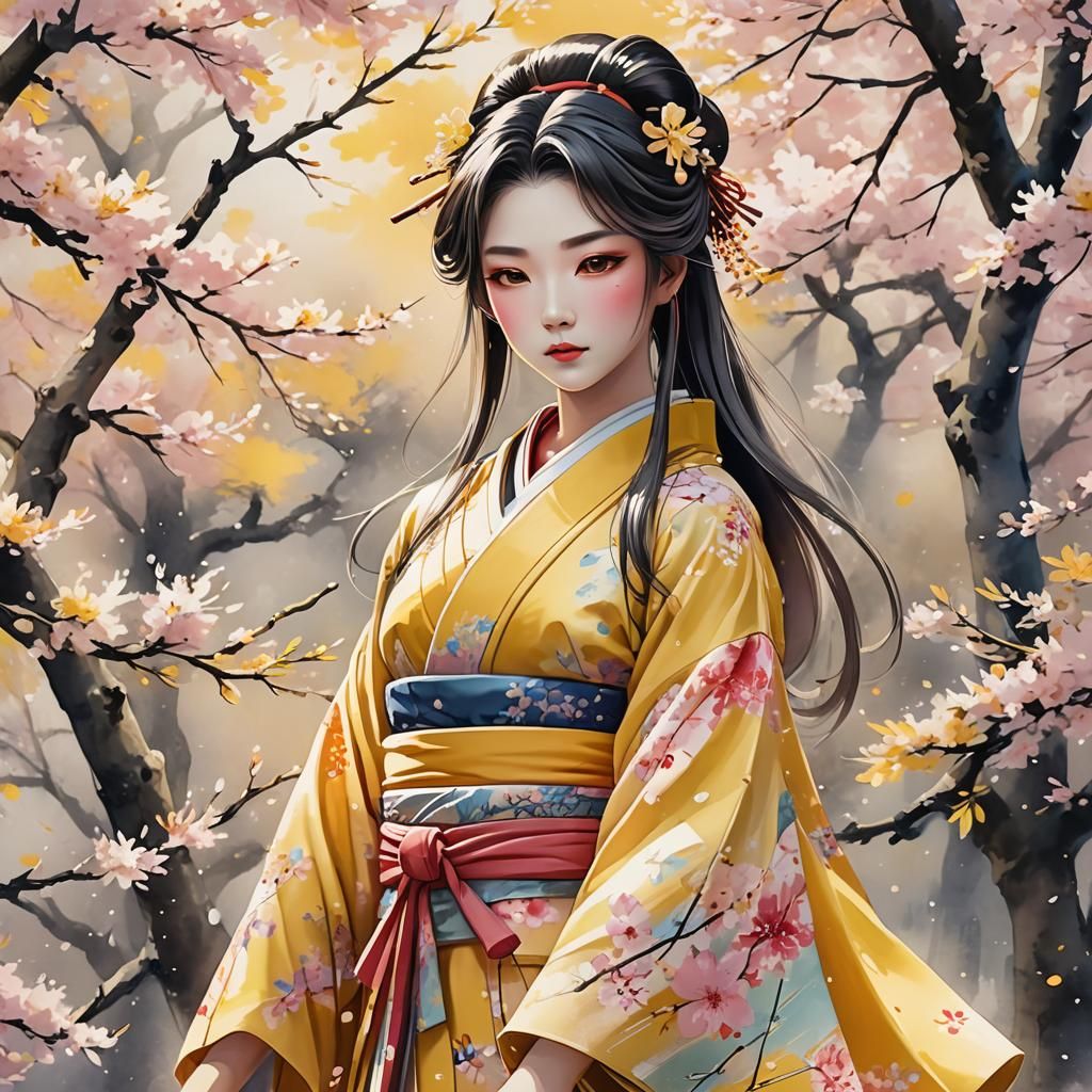 Watercolor Geisha in Yellow Dress: 3D Anime Art