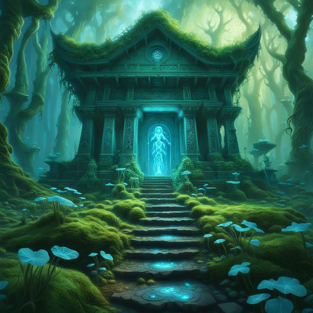 Bioluminescent Forest Temple: Fantasy Digital Art
